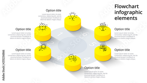 Business process chart infographics with 6 step segments. Isometric 3d corporate timeline infograph elements. Company presentation slide template. Modern vector info graphic layout design.
