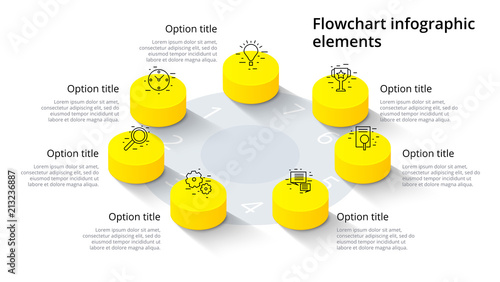 Business process chart infographics with 7 step segments. Isometric 3d corporate timeline infograph elements. Company presentation slide template. Modern vector info graphic layout design.