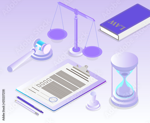 Workplace of judge or lawyer. Isometric illustration.