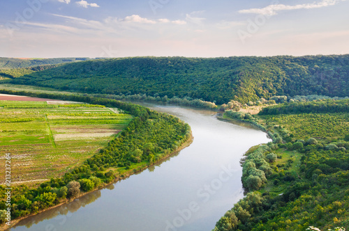 Top view on the beautiful bend of the river. Dniester Canyon, Ukraine, Europe