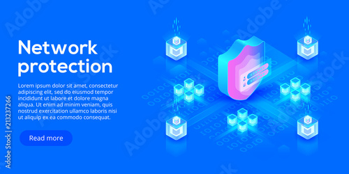 Network data security isometric vector illustration. Online server protection system concept with datacenter or blockchain. Secure bank transaction with password verification via internet.