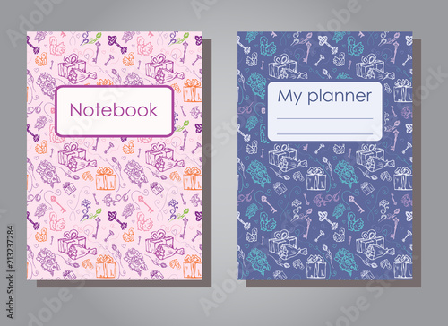 Vector illustration set design template of floral covers for planners and notebooks. Layout dark and light version of books, albums. Hand drawn creative flowers, gift, keys for notepad cover - Size A5
