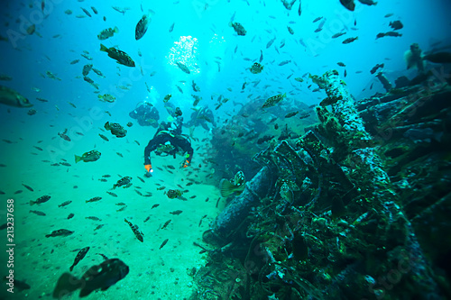 shipwreck, diving on a sunken ship, underwater landscape photo
