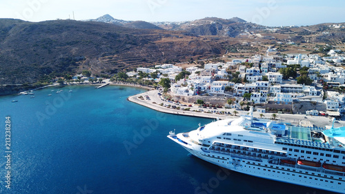 Aerial drone bird's eye view of famous port of Adamantas, Milos island, Cyclades, Greece photo