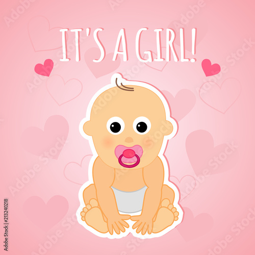 It's a girl, vector design with small cute baby. Pink cartoon baby shower  greeting card. Stock Vector | Adobe Stock