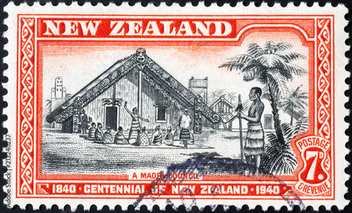 Traditional maori council on New Zealand postage stamp photo