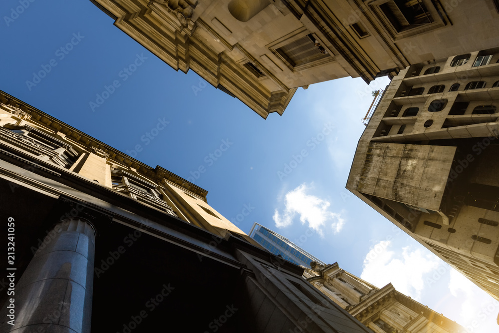 Classical buildings seen from below in the downtown of Buenos Aires, Argentina
