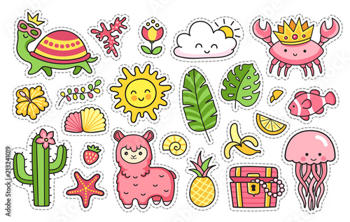 Summer stickers. Turtle, llama, cactus, crab, pineapple, fish, sun, jellyfish, palm leaves, tropical flower. Set of cartoon patches, badges, pins, prints for kids. Doodle style. Vector illustration.