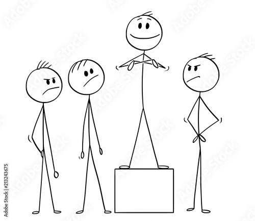 Cartoon stick drawing conceptual illustration of team of businessmen and one of them claiming more credits than others. Concept of teamwork and leadership.