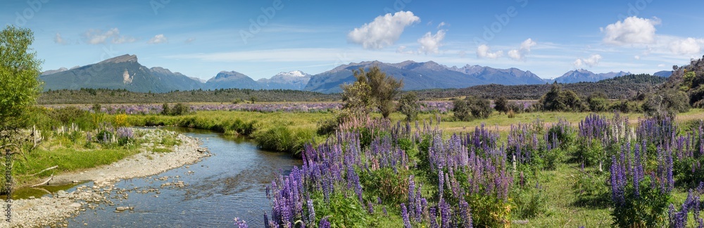 Panoramic view of a small river and mountain range approaching the fiordland area of New Zealand. Focus is on the stream and mountains.