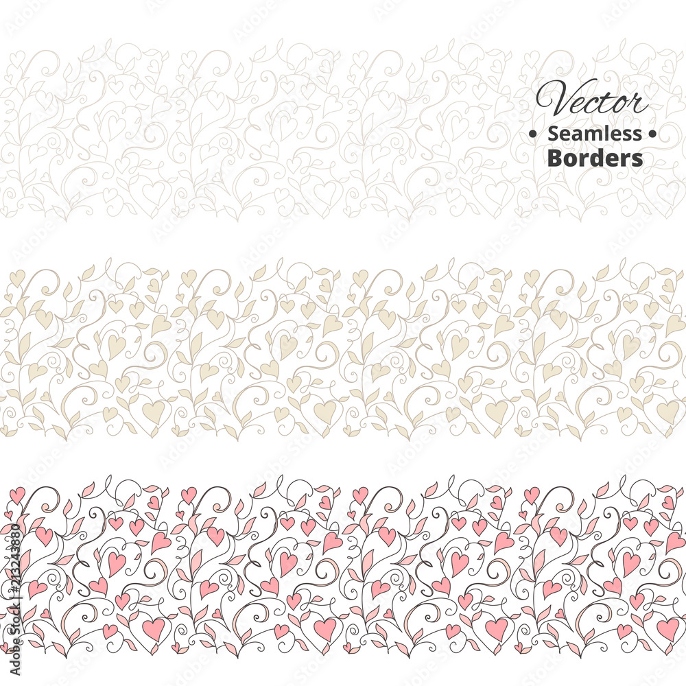 Seamless love borders, wedding floral pattern with hearts. Tileable, can be infinitely repeated