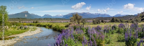 Panoramic view of a small river and mountain range approaching the fiordland area of New Zealand. Focus is on the stream and mountains. © Michael Evans