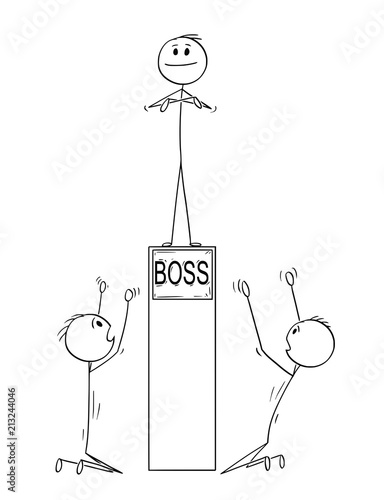 Cartoon stick drawing conceptual illustration of two men or businessmen worshiping boss standing on pedestal. Business concept of leadership and management.