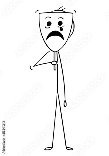 Cartoon stick drawing conceptual illustration of man or businessman hiding his real face behind unhappy sad mask.