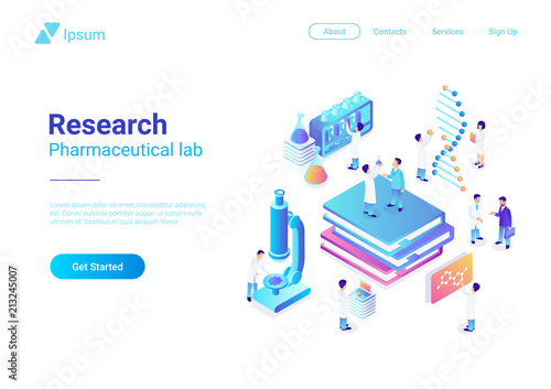 Isometric Flat Laboratory vector. microscope test tubes DNA Lab