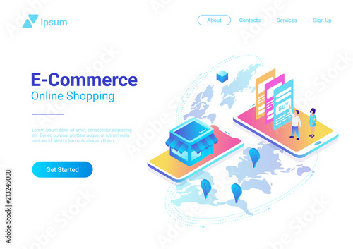 E-commerce World map isometric vector. People buy Smartphone