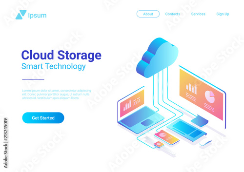 Isometric Flat Cloud Hosting Network Storage vector