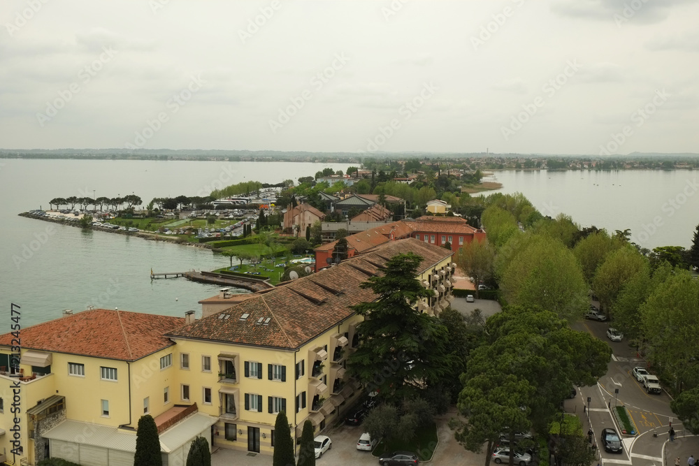 The view of Sirmione from Medieval fortress walls, Italy