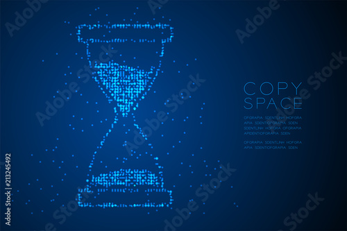Abstract Geometric Bokeh circle dot pixel pattern Hourglass shape, digital reminder concept design blue color illustration isolated on blue gradient background with copy space, vector eps 10