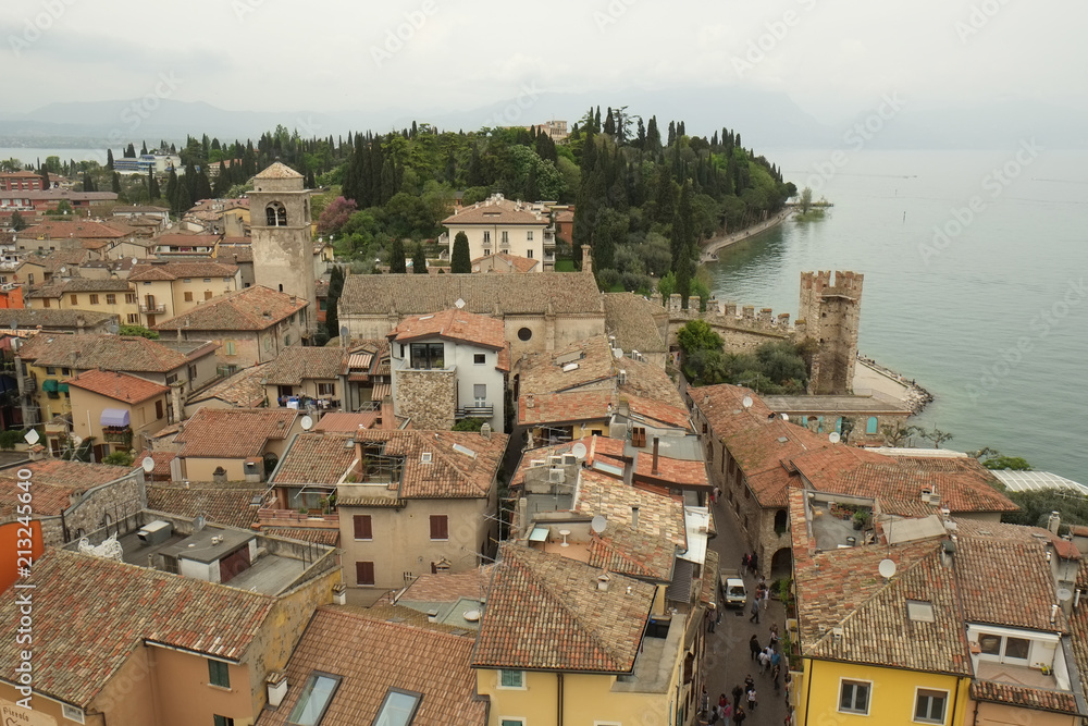 The view of Sirmione city from Medieval fortress walls, Italy