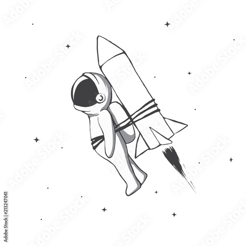 astronaut flying to space with rocket tied for him.Cosmic character.Black and white vector illustration