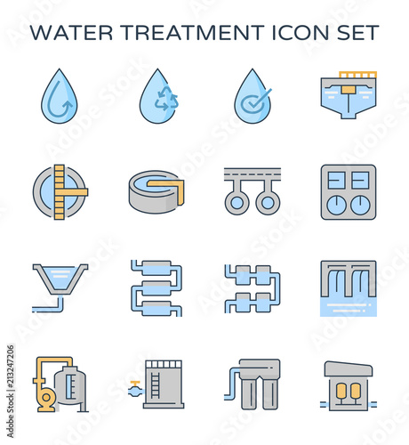 Water treatment icon and process, That removes contaminants and undesirable components to improves the quality of water appropriate for end-use such as drinking or water supply, Vector icon design.