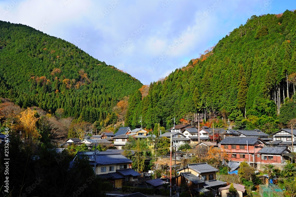 Colorful Leaves of Maple Trees and Japanese Houses in Autumn in Kyoto, Japan