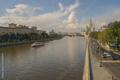 Summer Moscow image. Beautiful wide Moscow river and streets