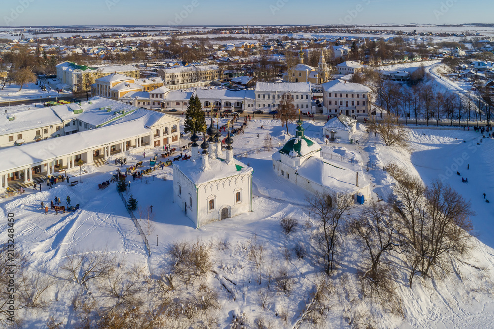Winter in Russia. Suzdal, the Golden Ring of Russia. Aerial view of Suzdal city center on a winter day off.