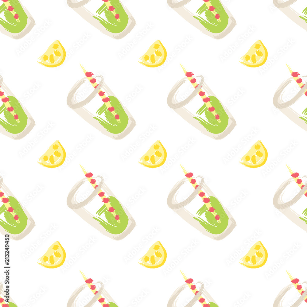 Seamless pattern with glasses of sweet green soda water with lemon slices.  Hand drawn vector illustration.
