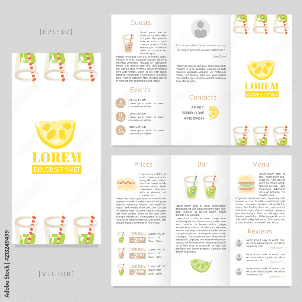Tri-fold brochure with hand drawn lemon, hamburger, hot dog and soda. Tri-fold brochure with hand drawn lemon, hamburger, hot dog and soda.