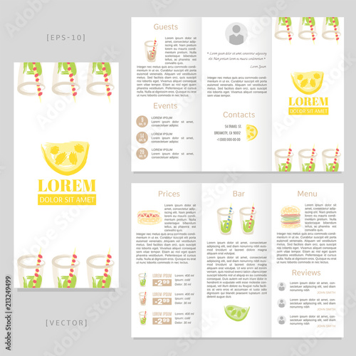 Tri-fold brochure with hand drawn lemon, hamburger, hot dog and soda.