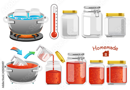 Packing tomato sauce into a glass bottle while hot. Easy Food preservation. Products from the processing of tomatoes grown in good quality farm. homemade concept.