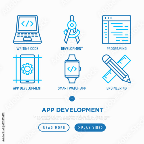 App development thin line icons set: writing code, smart watch app, engineering, programming. Modern vector illustration.