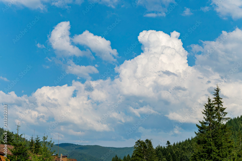 Roofs of wooden houses and the tops of coniferous trees against the backdrop of endless green mountains and a blue sky