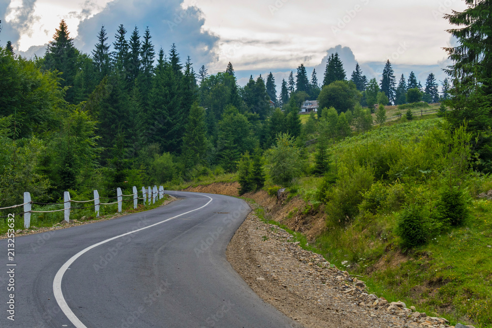 The road against the background of green mountains with a huge number of different vegetation and small rural houses The road against the background of green mountains with a huge number of different vegetation and small rural houses