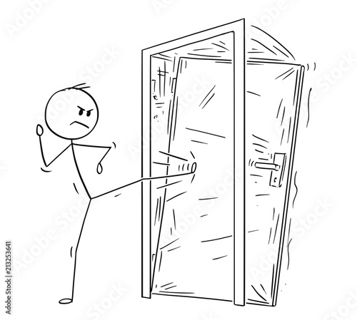 Cartoon stick drawing conceptual illustration of man or businessman kicking the locked door. Business concept of overcoming obstacles.