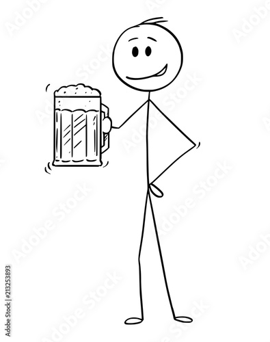 Cartoon stick drawing conceptual illustration of man holding half-litre or half-liter or pint or mug of beer.