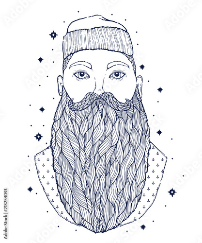 Hand Drawn vintage hipster sailor beard portrait. Old tatoo seaman. Man is an ideal art for print,coloring book, posters, t-shirts and textiles. Mystical image marine.