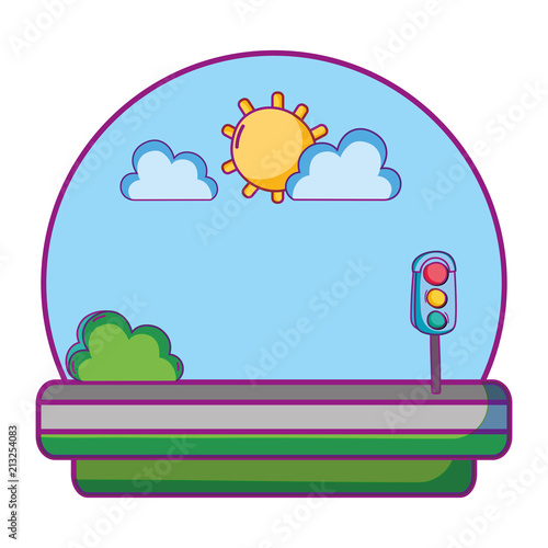 traffic lights in the road with sun and clouds