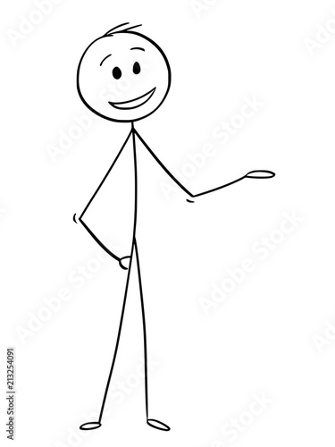 Cartoon stick drawing conceptual illustration of smiling man or businessman showing or offering something.