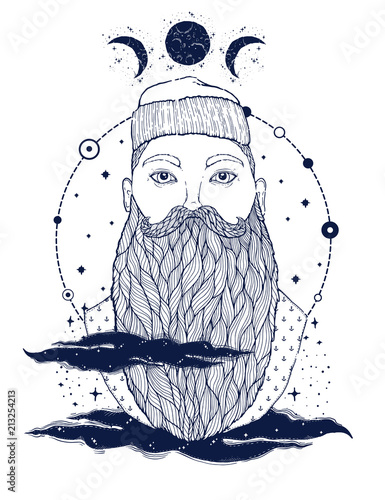 Hand Drawn vintage hipster sailor beard portrait. Old tatoo seaman. Man is an ideal art for print,coloring book, posters, t-shirts and textiles. Mystical image marine.