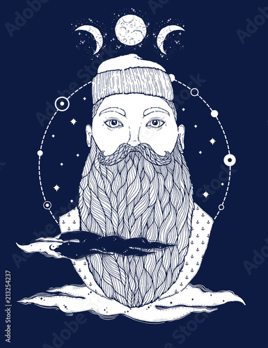 Hand Drawn vintage hipster sailor beard portrait. Old tatoo seaman. Man is an ideal art for print,coloring book, posters, t-shirts and textiles. Mystical image marine.