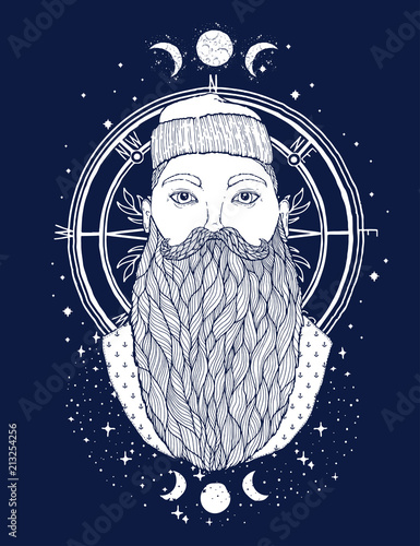 Hand Drawn vintage hipster sailor beard portrait. Old tatoo seaman. Man is an ideal art for print,coloring book, posters, t-shirts and textiles. Mystical image marine.