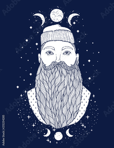 Hand Drawn vintage hipster sailor beard portrait. Old tatoo seaman. Man is an ideal art for print,coloring book, posters, t-shirts and textiles. Mystical image marine.