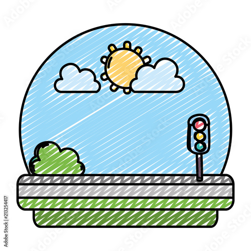 doodle traffic lights in the road with sun and clouds