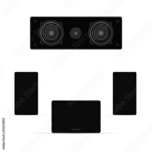 Audio System, Musical Columns, Loudspeakers and Subwoofer. Realistic Vector Illustration