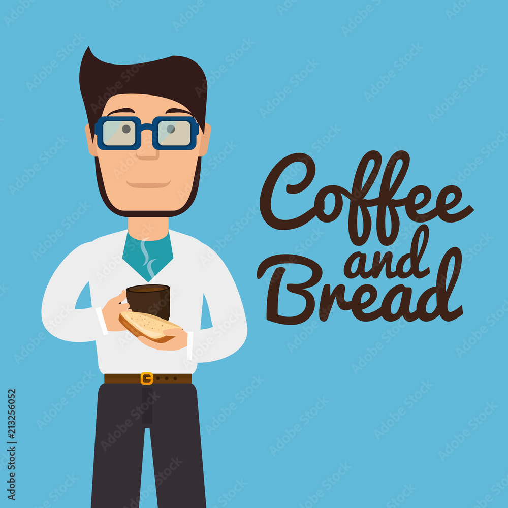 man eating bread and coffee