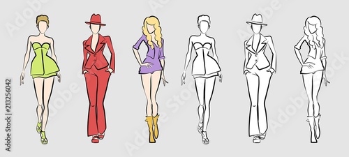 Fashion Catwalk Models. Vector illustration of 3 posing female models in hand-drawing / sketchy style.