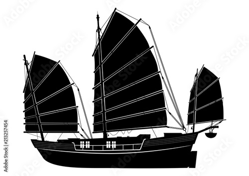 Junk boat. Silhouette of a Chinese vintage ship. Side view. Flat vector.